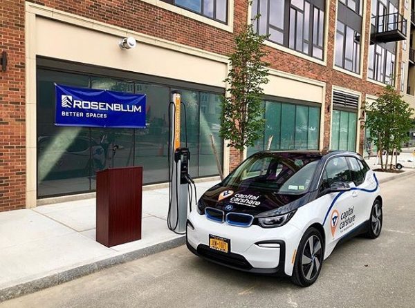Capital CarShare's BMW i3 parked on 6th Ave in downtown Troy, NY.